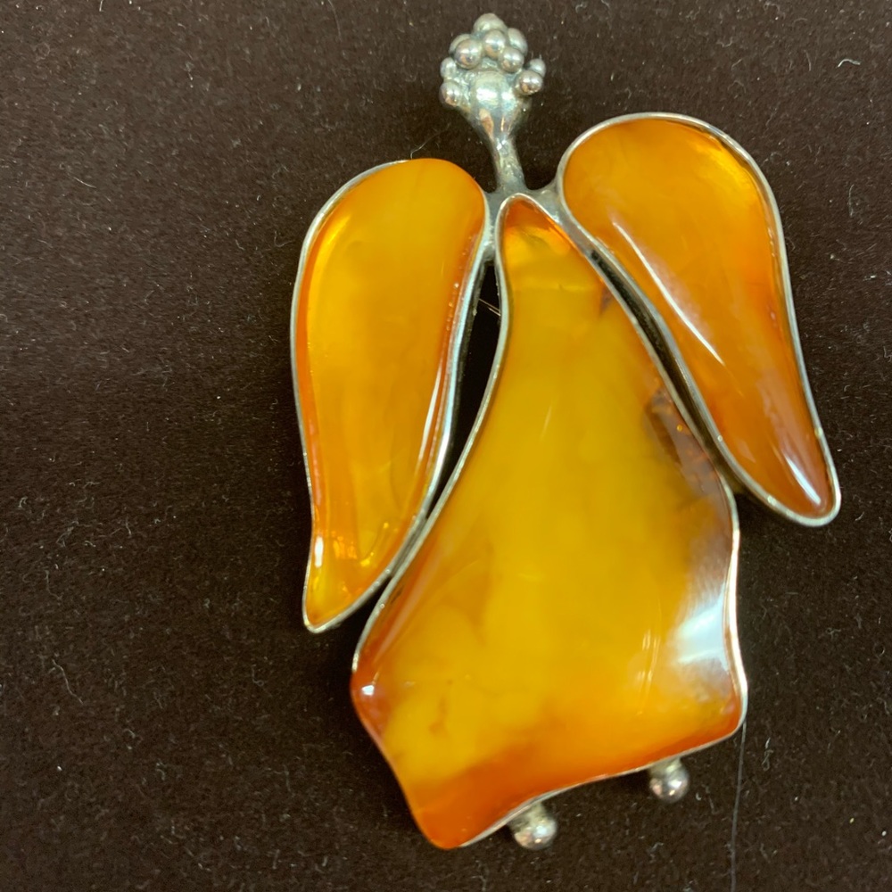 Genuine Amber/Sterling Silver Angel Brooch